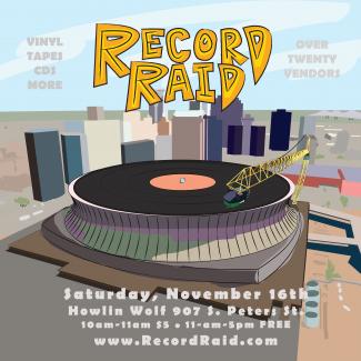 Flyer for Record Raid, depicting the Superdome turned into a turntable.